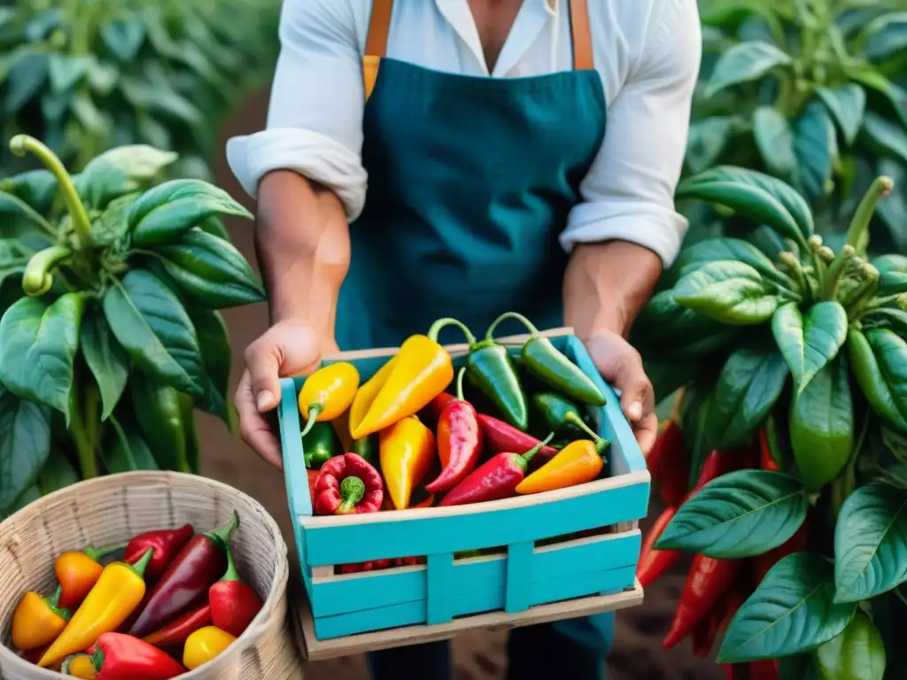 Un agricultor peruano sostiene una cesta rebosante de ajíes raros, resaltando su diversidad y colores vibrantes en un campo soleado