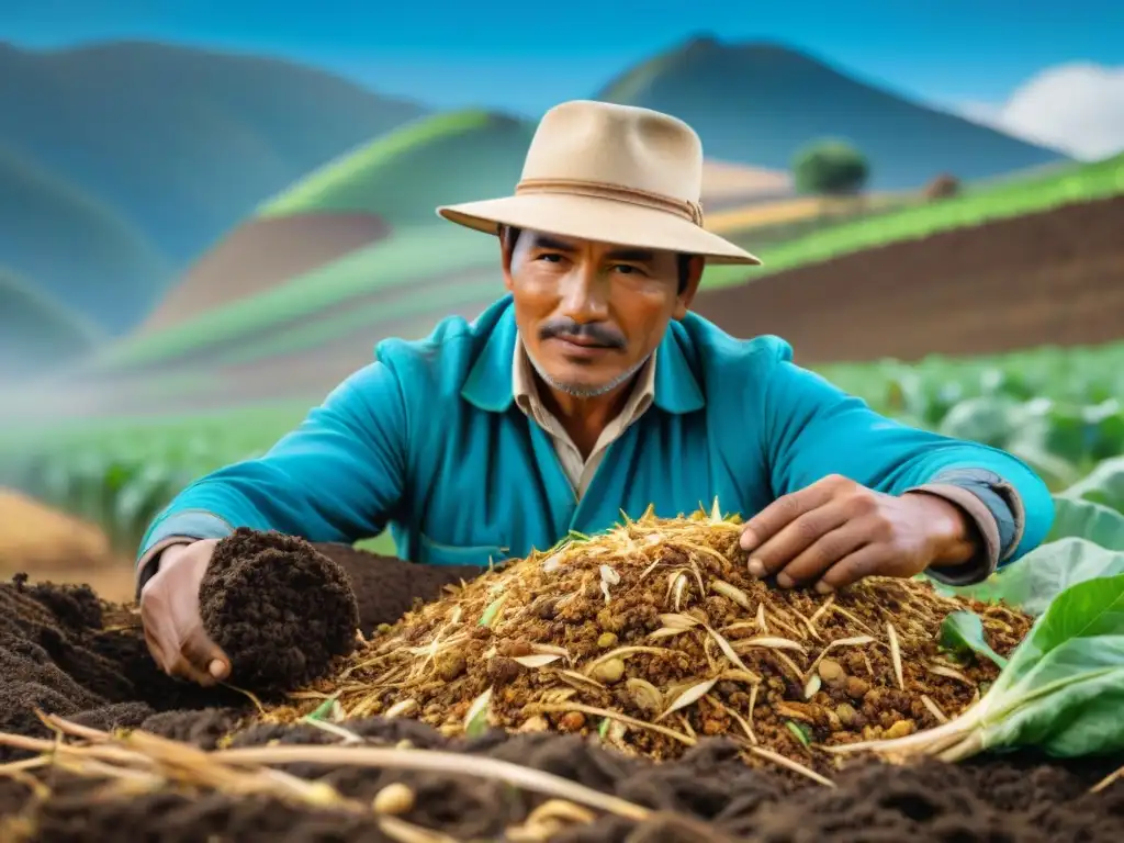 Un agricultor peruano crea compostaje en un campo verde, destacando las prácticas sostenibles en agricultura peruana