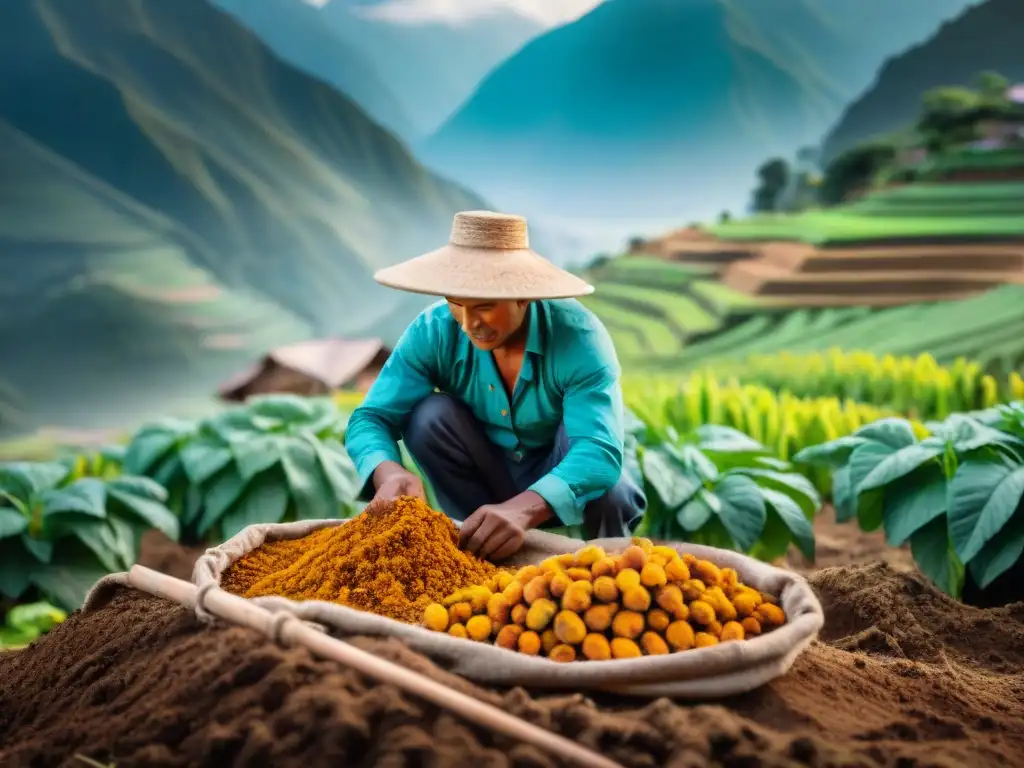 Un agricultor peruano cosecha cúrcuma naranja en los Andes