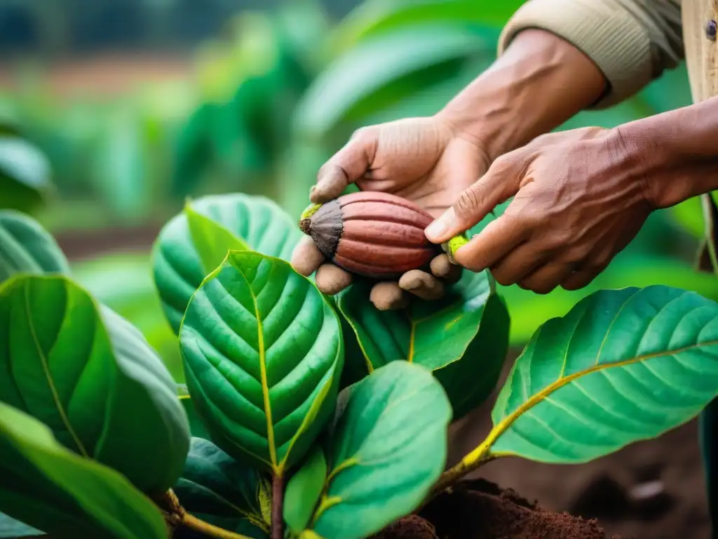 Un agricultor peruano selecciona con cuidado cacao maduro en una plantación exuberante, mostrando los beneficios del cacao peruano autóctono