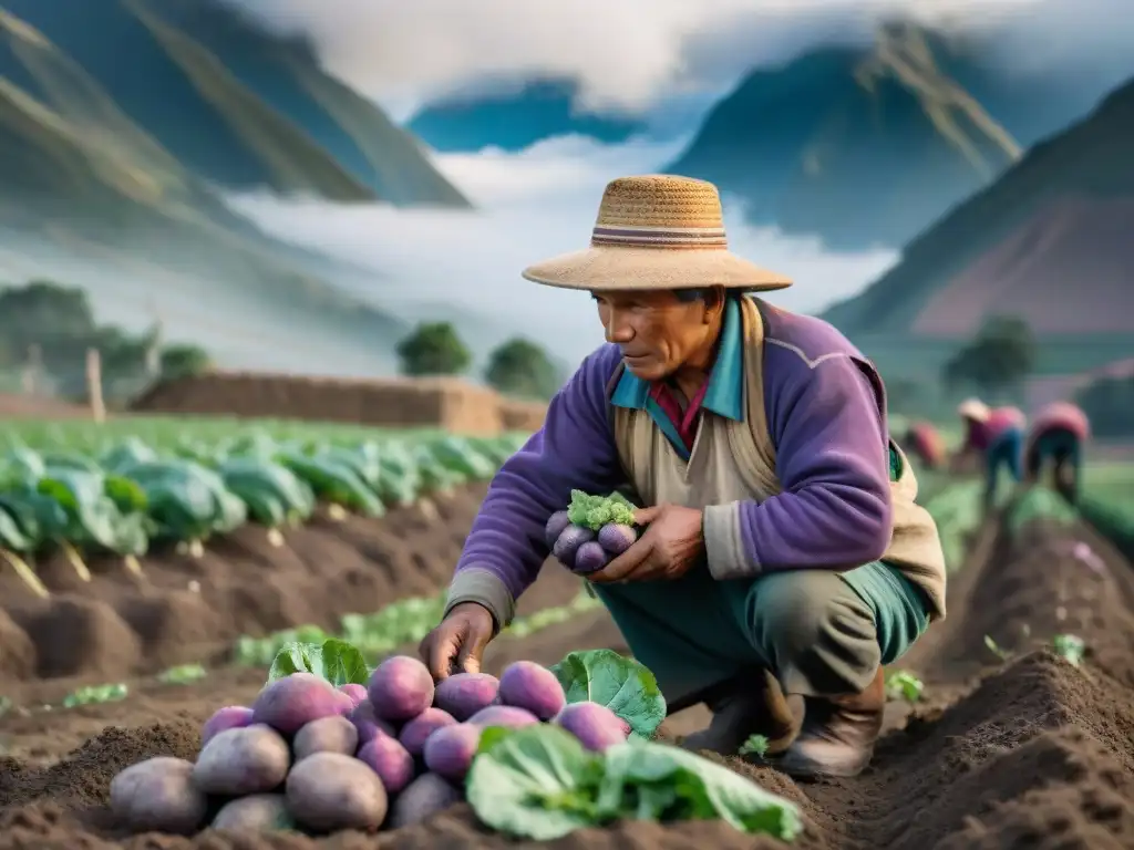 Un agricultor peruano selecciona con cuidado papas moradas en los Andes, destacando la diversidad de ingredientes autóctonos de la cocina peruana