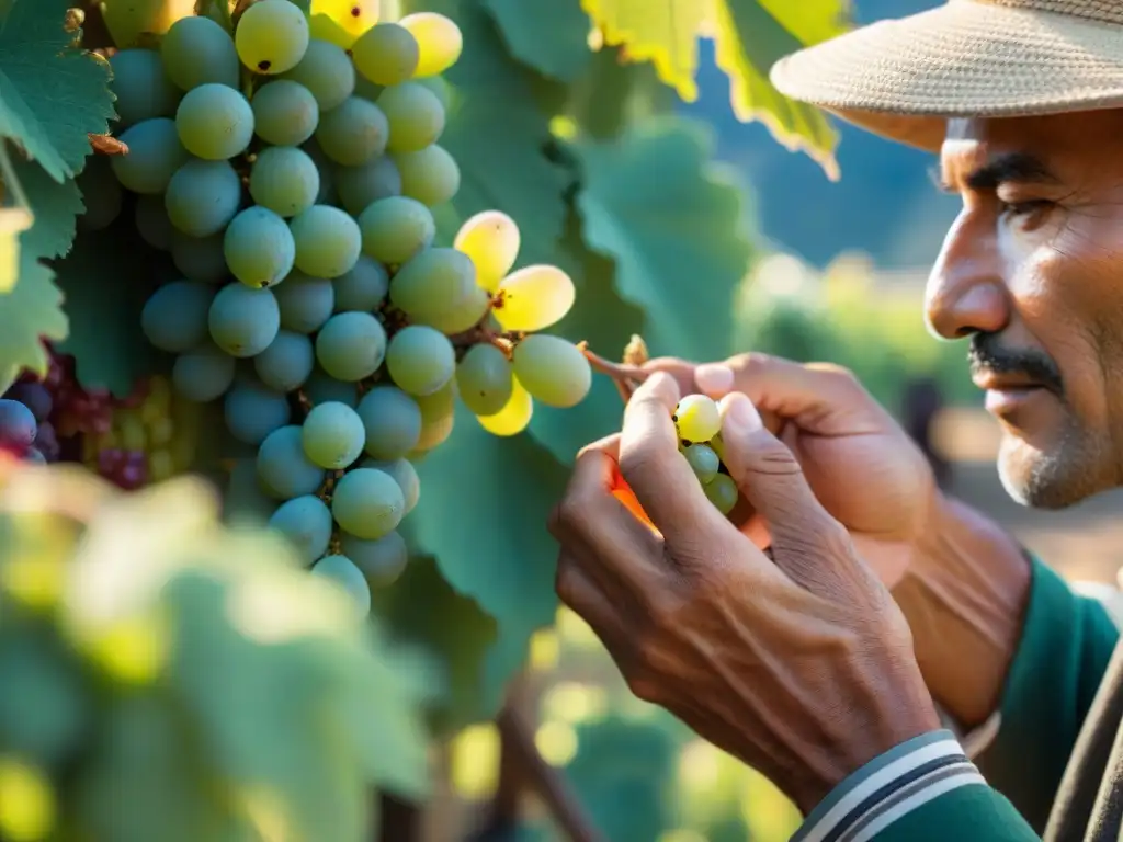 Un agricultor peruano examina con cuidado uvas maduras en un viñedo soleado, destacando el proceso laborioso del Comercio Justo Vino Pisco Perú