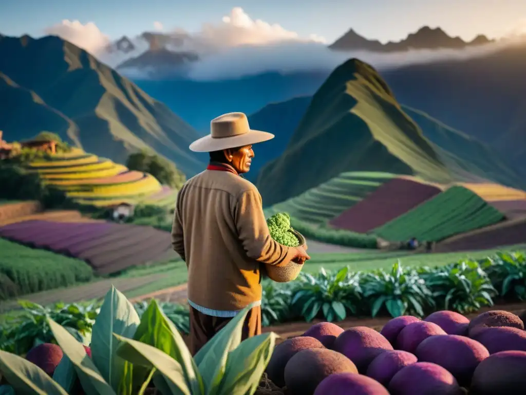 Un agricultor peruano cuidadoso trabaja en sus cultivos orgánicos en los Andes