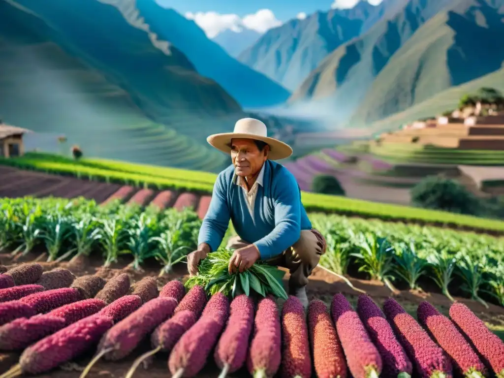 Un agricultor peruano cuidadoso, cultivando ingredientes peruanos en casa en el Valle Sagrado de los Incas