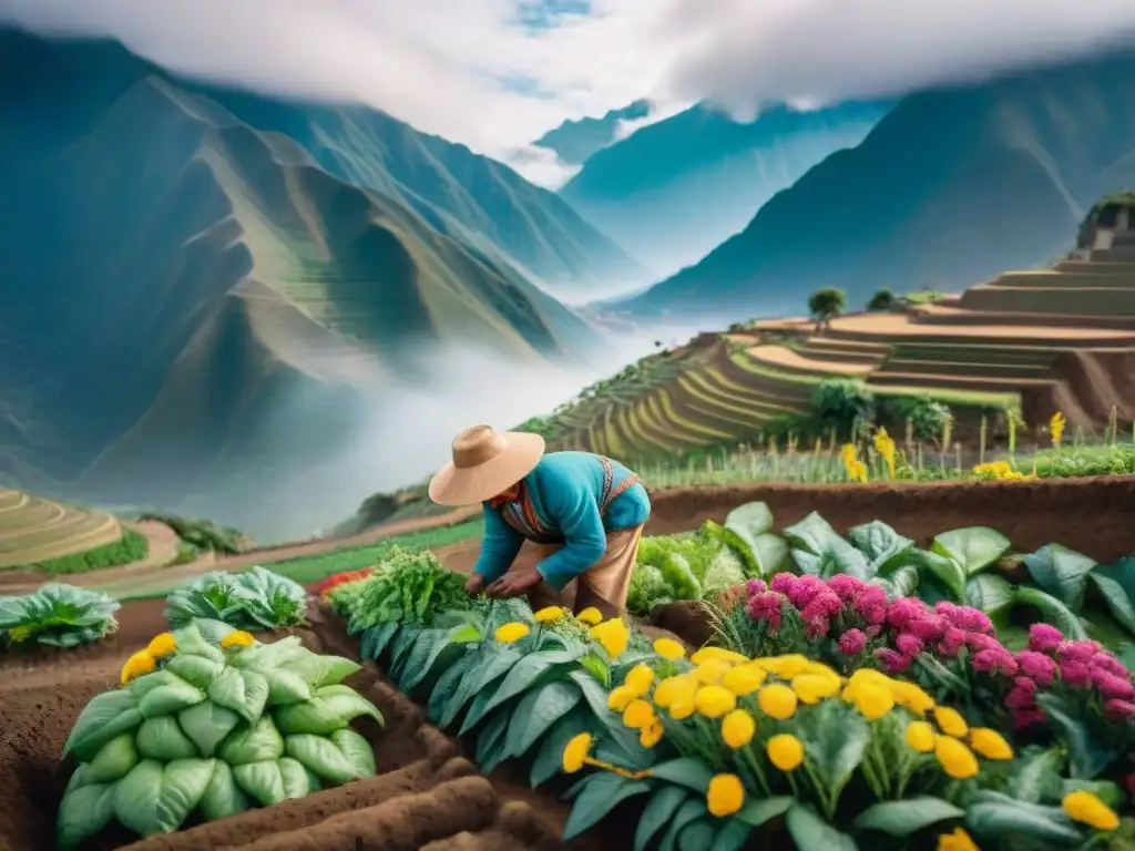 Campesino peruano en los Andes: siembra orgánica Un agricultor peruano cuidando cultivos en los Andes; sembrando en armonía con la naturaleza