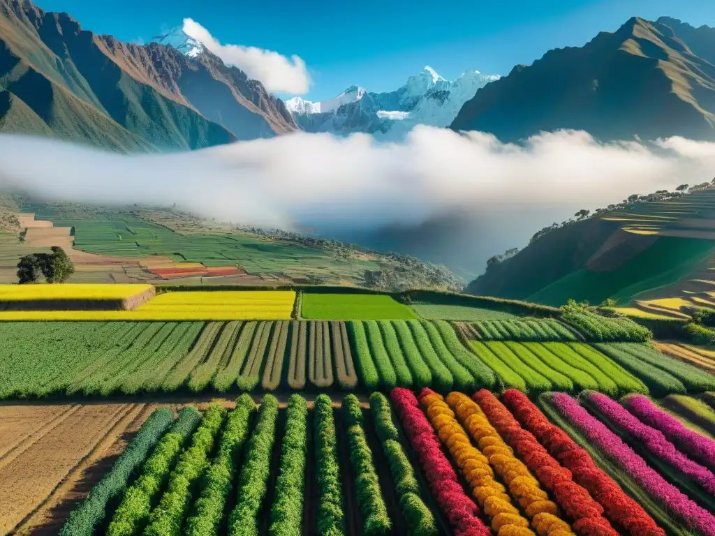 Un agricultor peruano cuidando cultivos coloridos con los majestuosos Andes de fondo