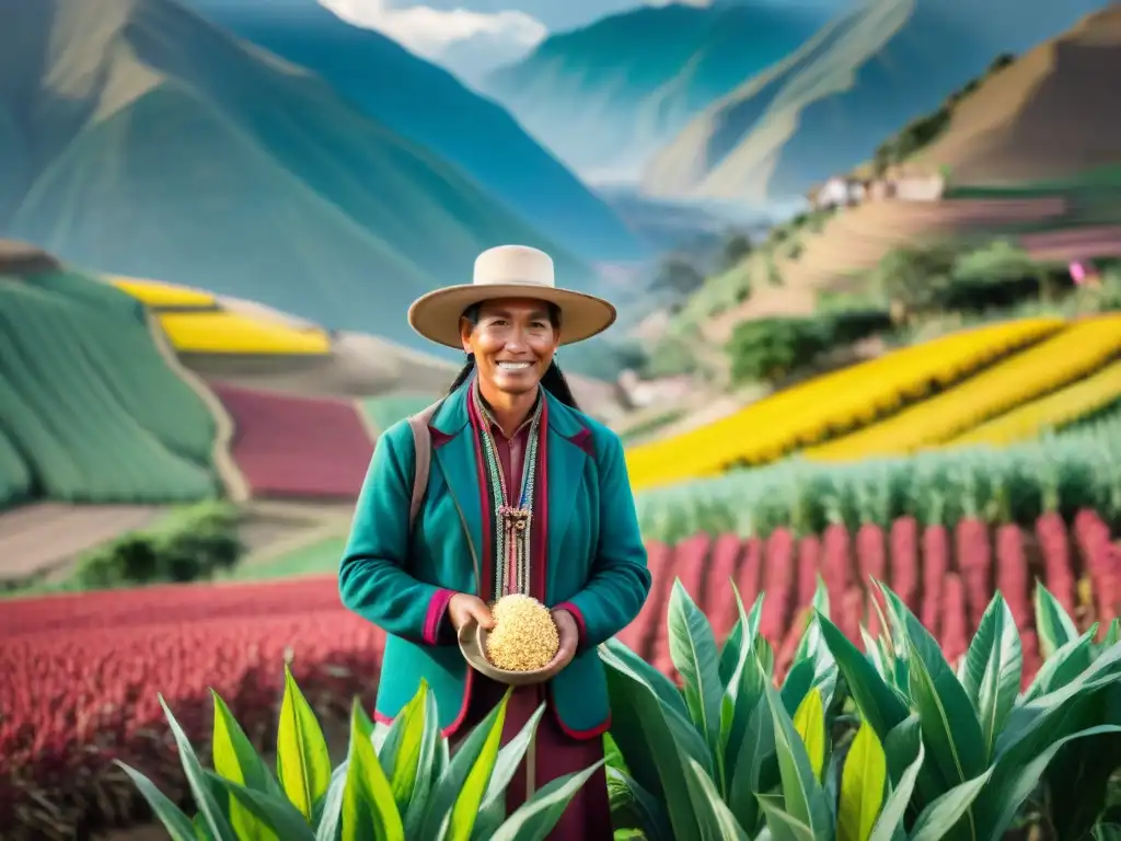 Un agricultor peruano en los Andes cuidando de sus cultivos de quinua, papas y maíz, ejemplificando la agricultura sostenible en cocina fusión