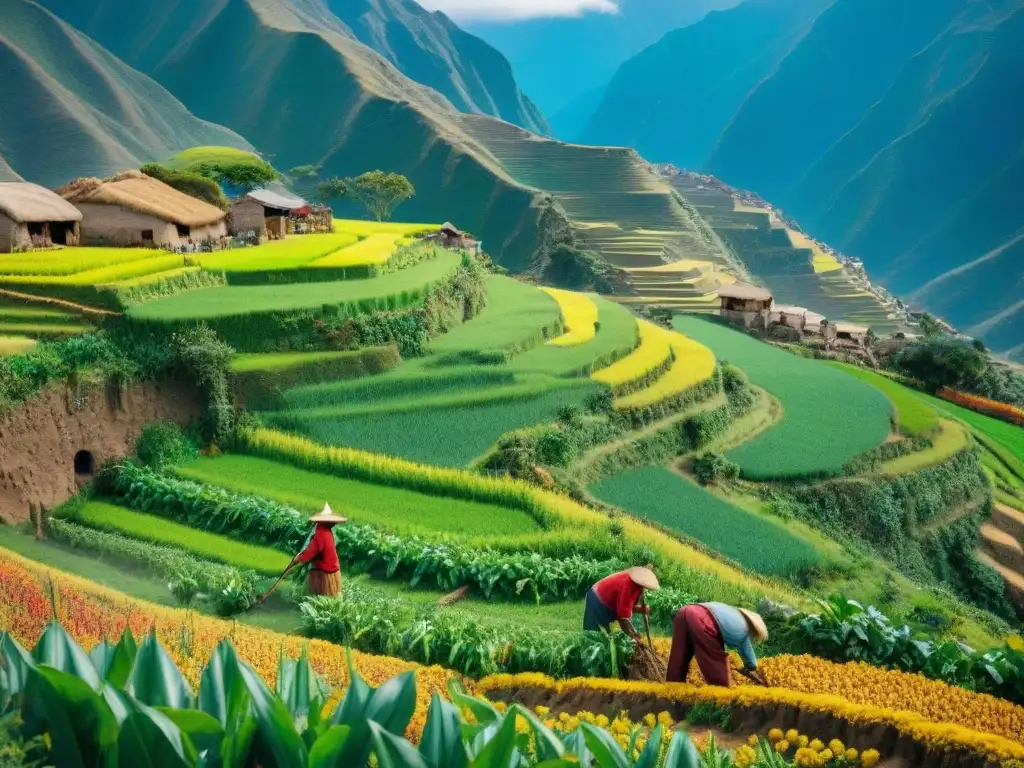 Un agricultor peruano cuidando sus cultivos en terrazas andinas, en armonía con la naturaleza