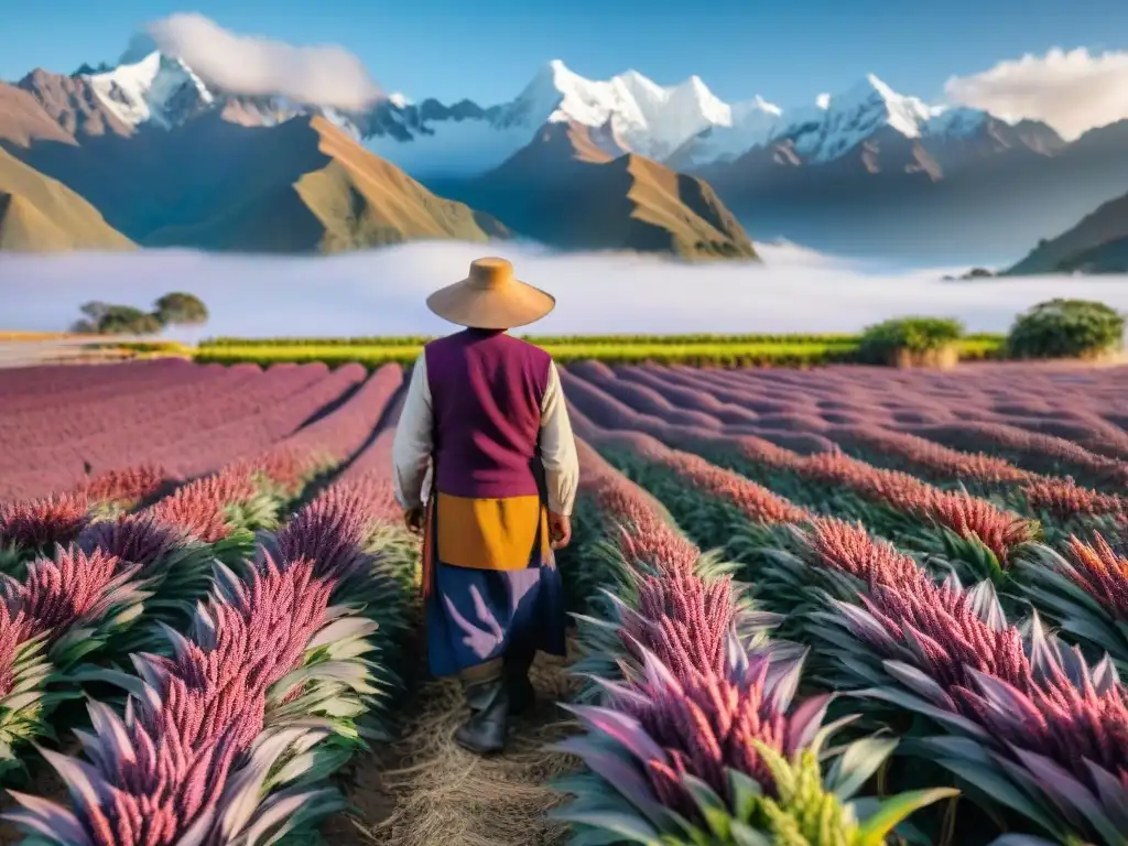 Un agricultor peruano cuida con esmero un campo de maíz morado nativo, con los Andes de fondo