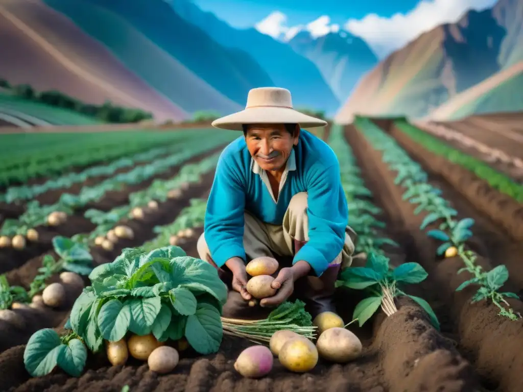 Un agricultor peruano cuida con esmero un campo de papas, resaltando la importancia de la papa en Perú