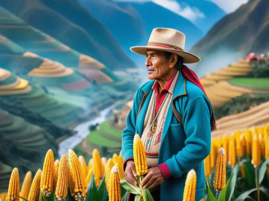 Un agricultor peruano cuida con esmero un cultivo ancestral de maíz en el Valle Sagrado de los Incas