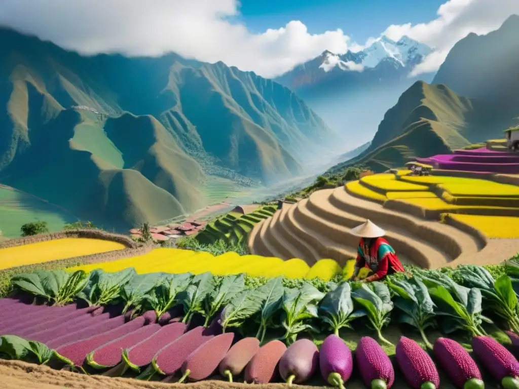 Un agricultor peruano cuida con esmero cultivos orgánicos en una vibrante granja andina, destacando la armonía entre naturaleza y alta cocina