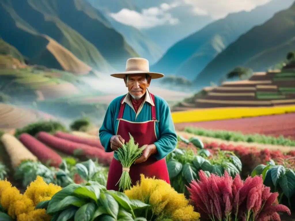 Un agricultor peruano cuidando con esmero sus plantas de quinua, con los Andes de fondo