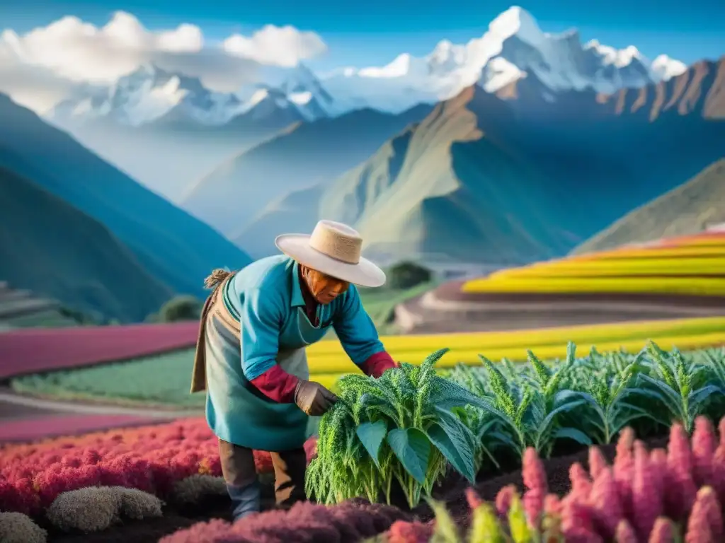 Un agricultor peruano cuida con esmero plantas de quinua en los Andes, mostrando la esencia de la agricultura sostenible en Perú