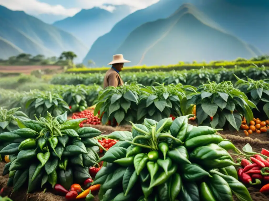 Un agricultor peruano cuida con esmero los vibrantes ajíes rojos y verdes en un campo soleado con los Andes de fondo