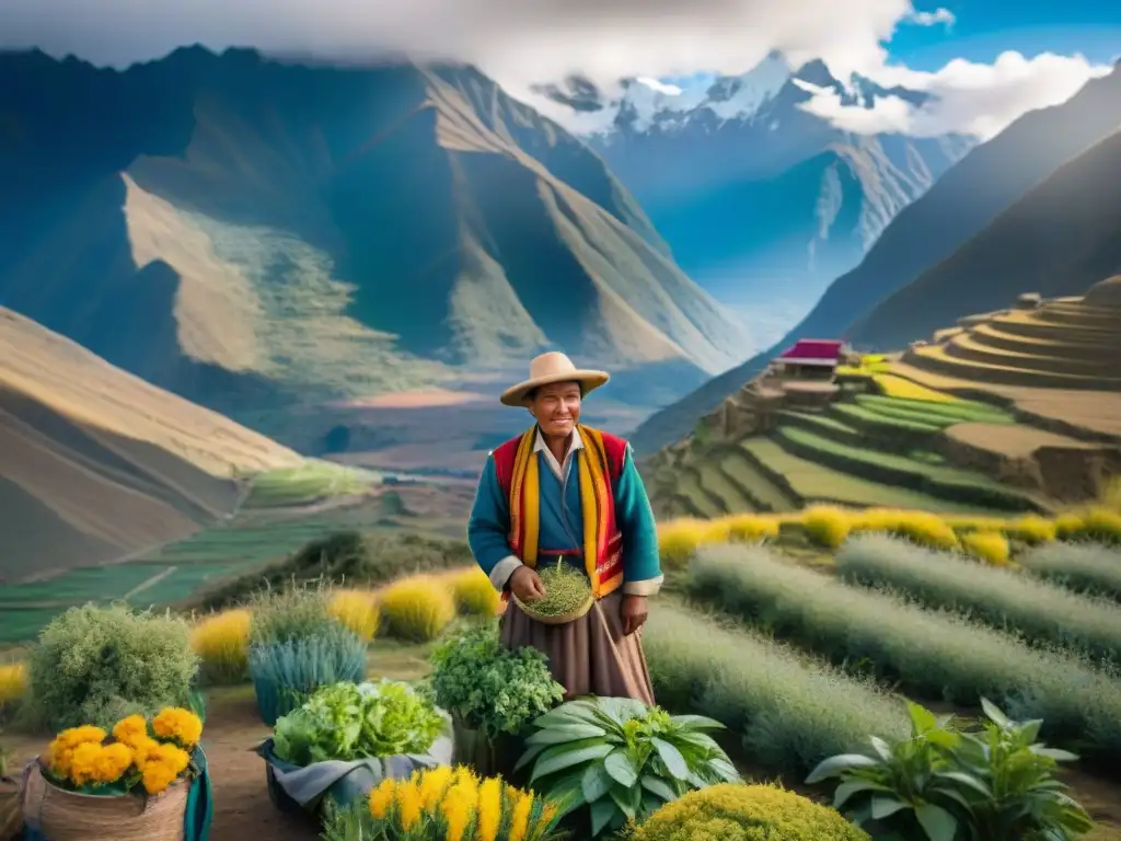 Un agricultor peruano en los Andes cosechando hierbas para infusiones andinas tradicionales Perú, rodeado de coloridos campos