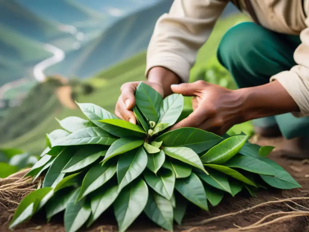 Un agricultor peruano cosechando hojas de coca en los Andes con Elaboración tradicional mate de coca