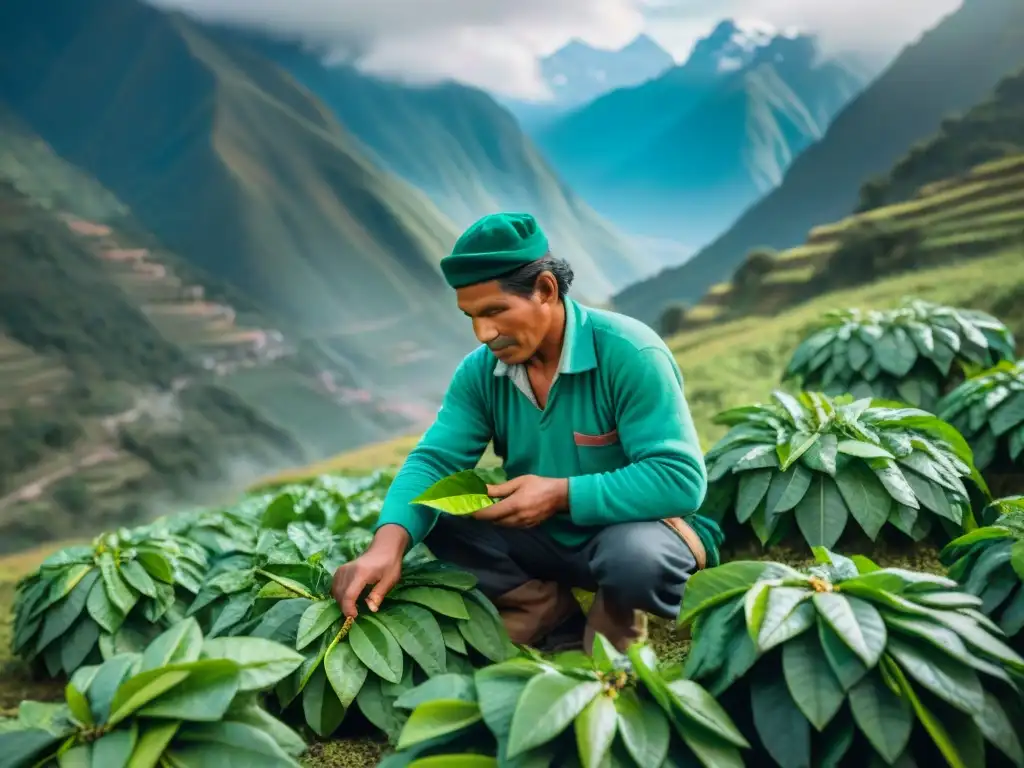 El agricultor peruano cosecha hojas verdes de coca en los Andes