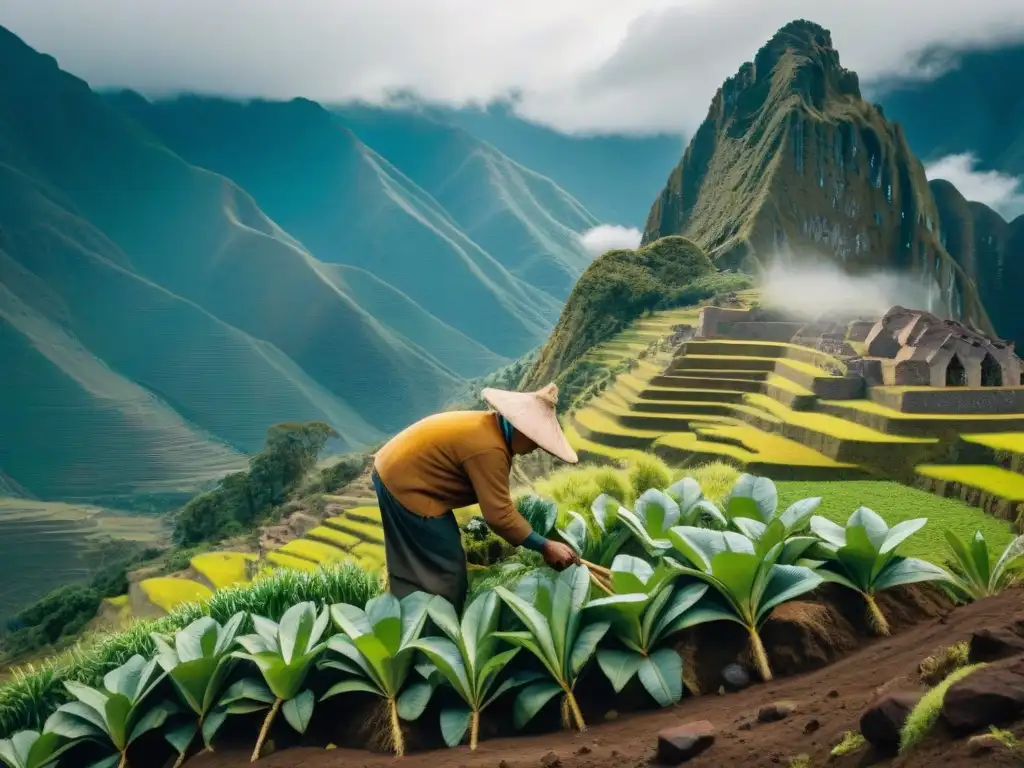 Un agricultor peruano cosechando tarwi en los Andes, destacando la importancia del tarwi en gastronomía peruana