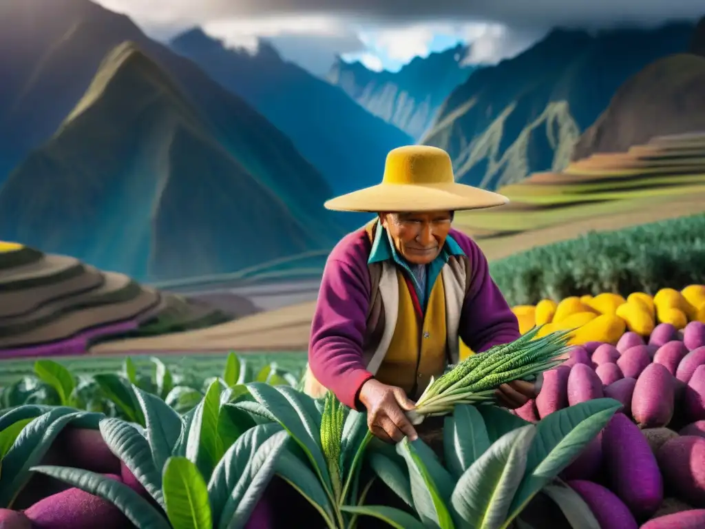 Un agricultor peruano en los Andes con ingredientes autóctonos