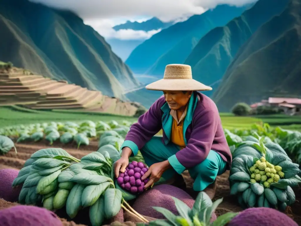 Un agricultor peruano preserva ingredientes nativos, cosechando tubérculos morados, rodeado de campos de quinua y montañas