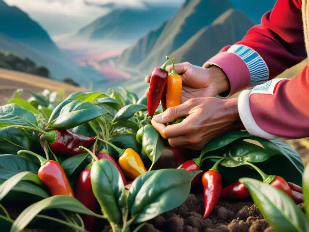 Un agricultor peruano cosechando ají limo rojo bajo el sol dorado de los Andes