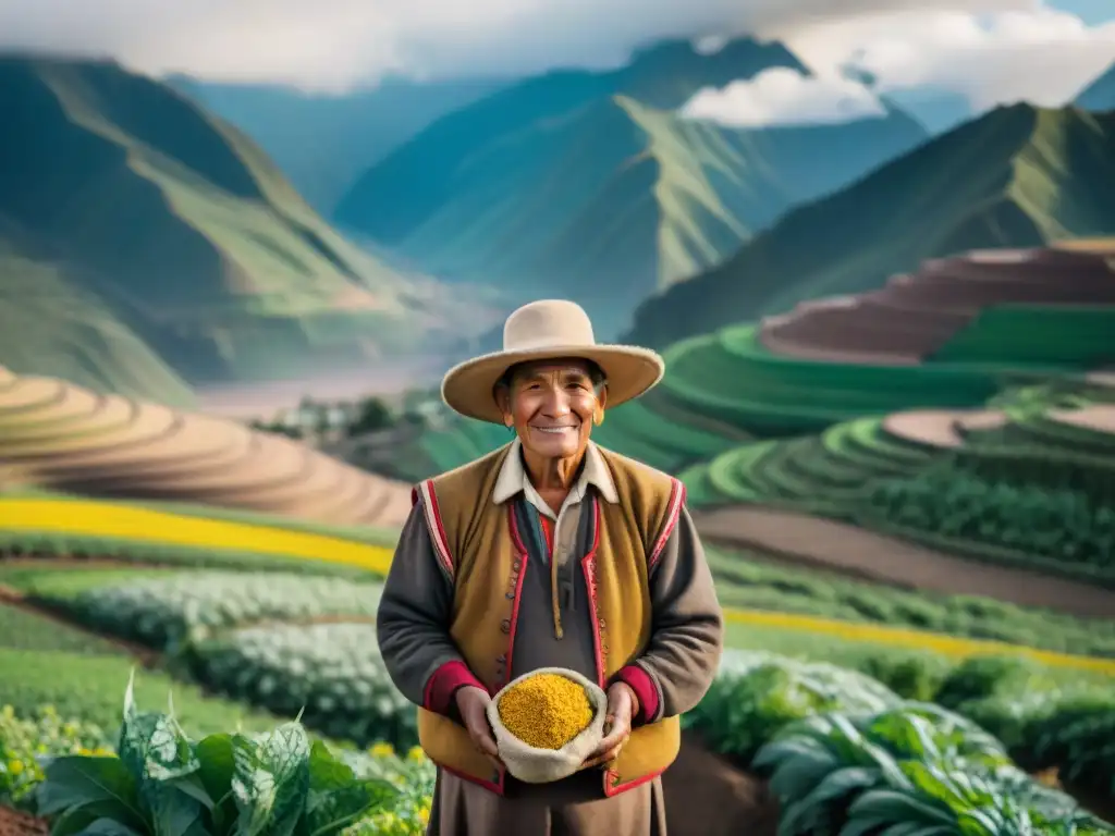 Un agricultor peruano en las montañas de los Andes practicando Prácticas agrícolas sostenibles en Perú