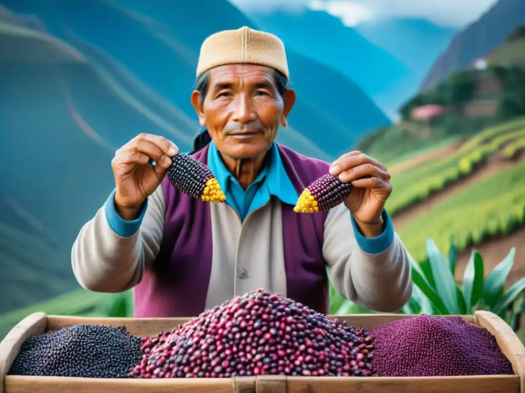 Un agricultor peruano selecciona maíz morado con autenticidad ingredientes peruanos blockchain