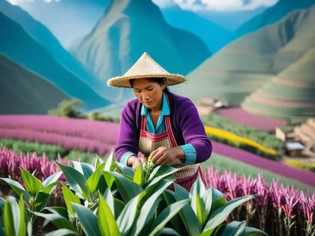 Un agricultor peruano cuidadosamente polinizando maíz morado en los Andes, resaltando la importancia de Maíz Morado en gastronomía peruana