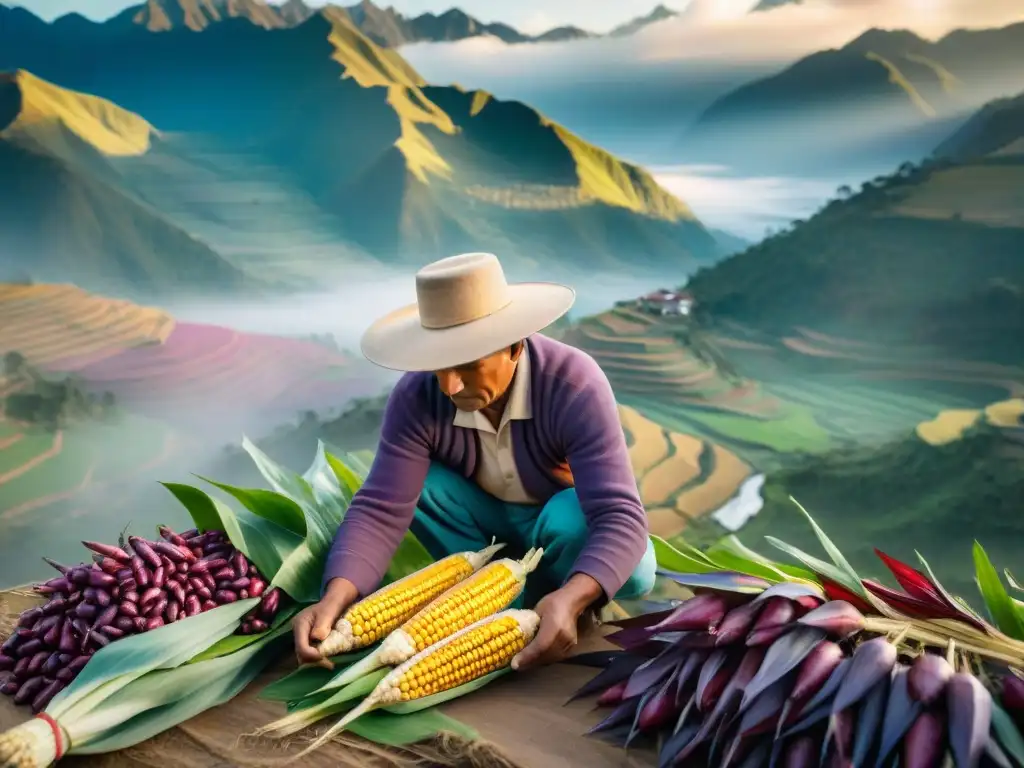 Un agricultor peruano cosechando maíz morado rodeado de montañas neblinosas y campos verdes