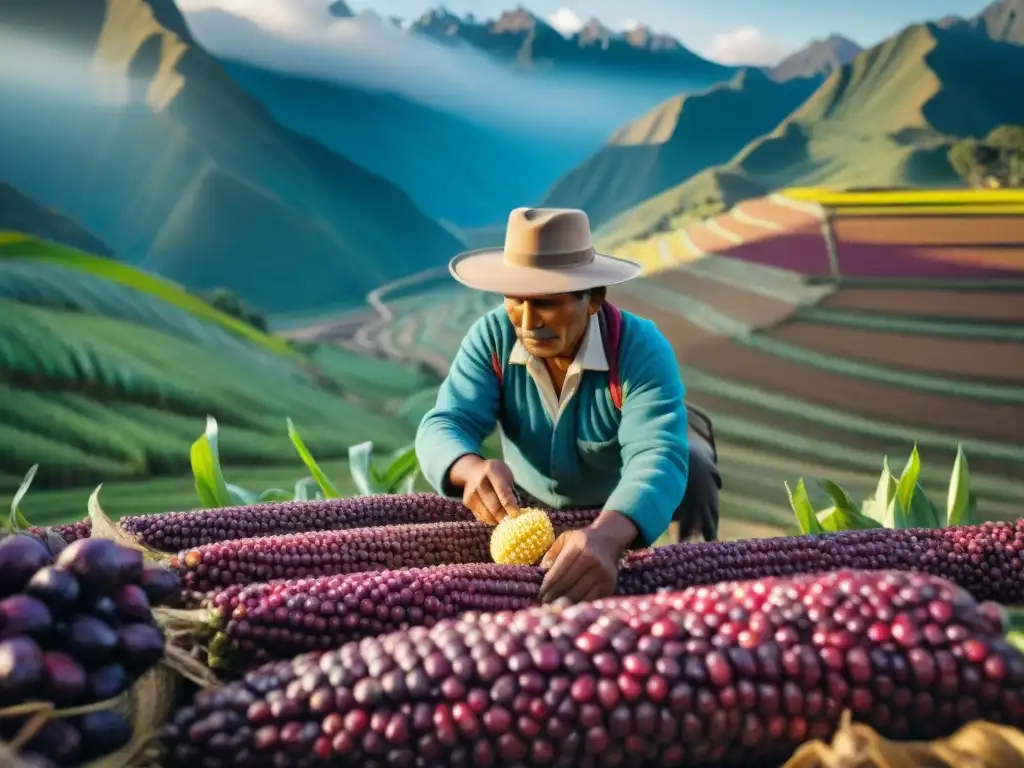 Un agricultor peruano selecciona maíz morado en los Andes, promoviendo la sostenibilidad y la gastronomía peruana