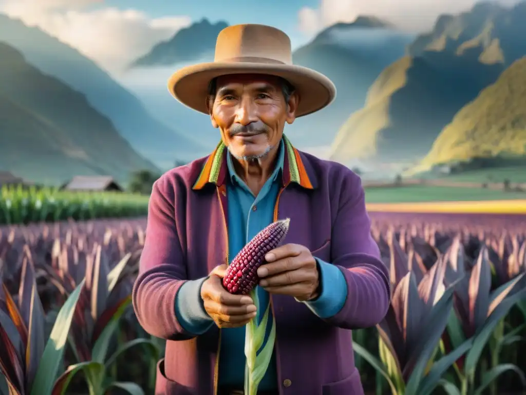 Un agricultor peruano inspecciona con orgullo el maíz morado en los Andes, destacando la trazabilidad de ingredientes peruanos con blockchain