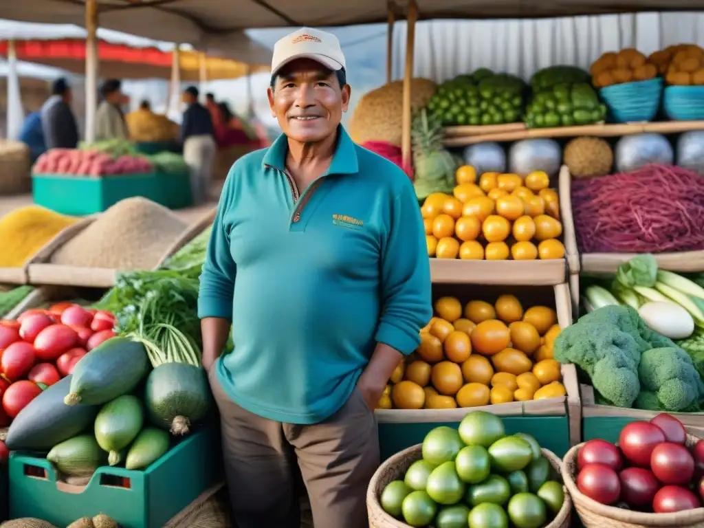 Un agricultor peruano muestra orgulloso sus vegetales en un bullicioso mercado, destacando el compromiso de Perú con la cocina sostenible