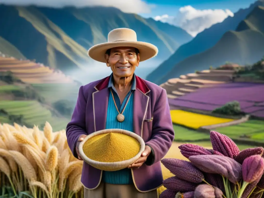 Un agricultor peruano en un paisaje de quinua, maíz morado y lúcuma, mostrando el impacto de ingredientes autóctonos en la sociedad peruana