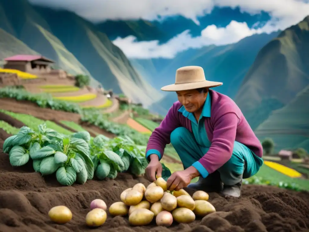 Un agricultor peruano cosechando papas coloridas en los Andes