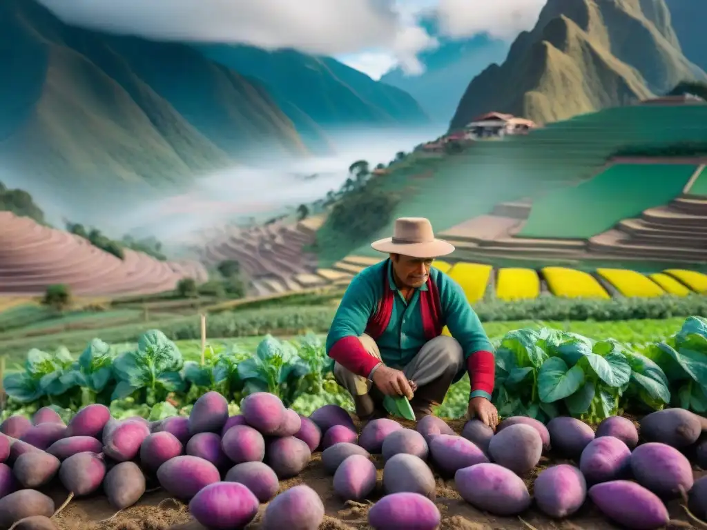 Un agricultor peruano cosechando papas moradas en los Andes, rodeado de plantas coloridas