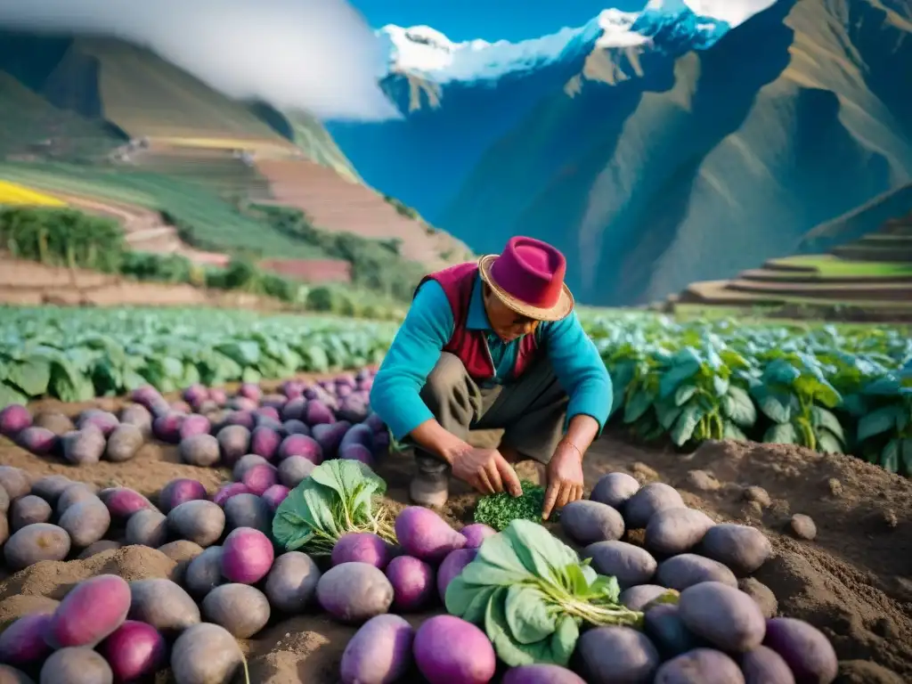 Un agricultor peruano cosechando papas moradas en los Andes con montañas nevadas al fondo