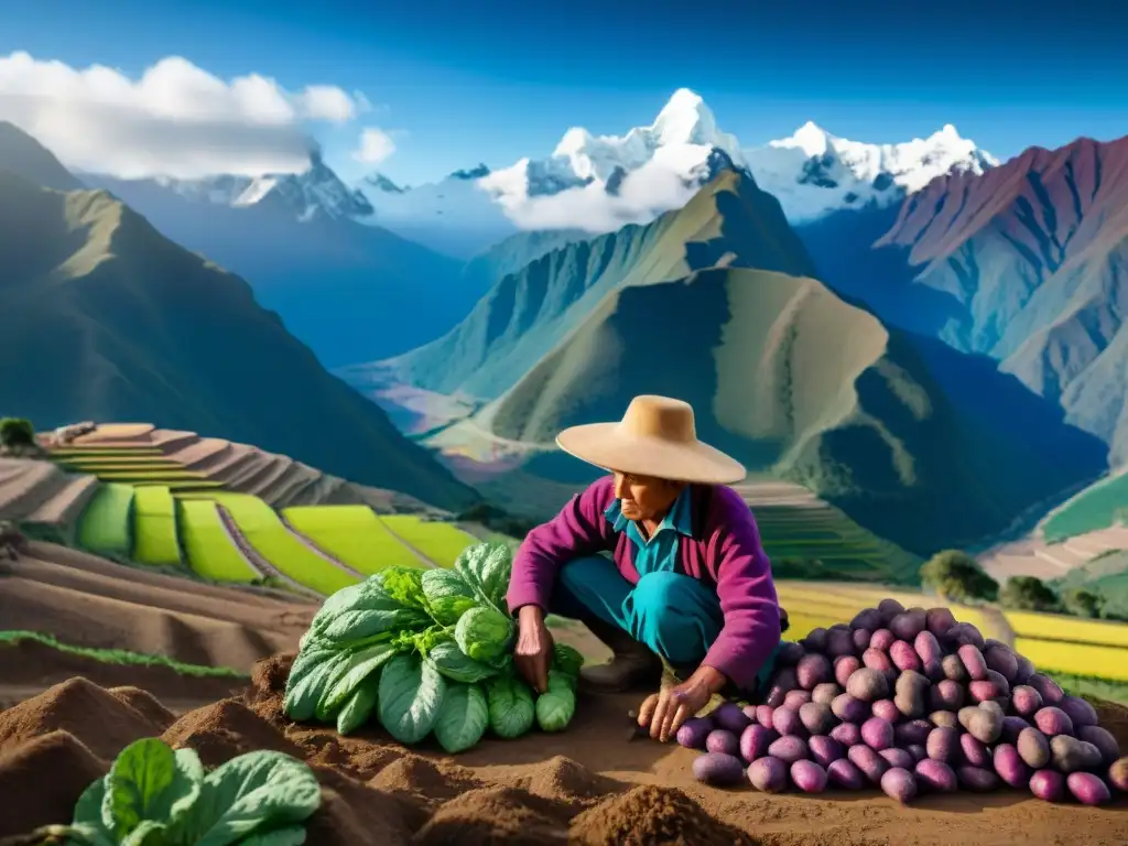 Un agricultor peruano cosechando papas moradas en los Andes, resaltando la gastronomía peruana ingredientes autóctonos