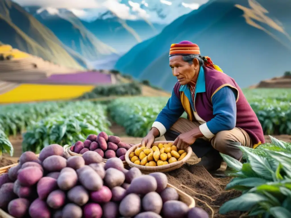 Un agricultor peruano cosechando papas moradas y amarillas en los Andes, rodeado de cultivos nativos