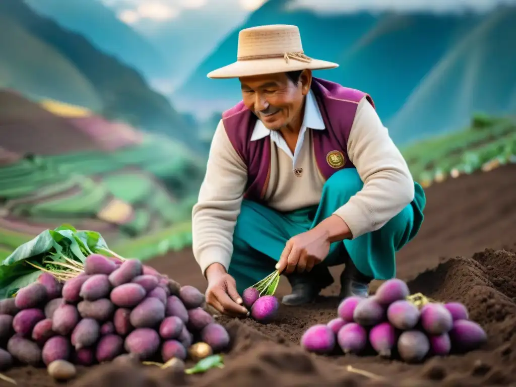 Un agricultor peruano seleccionando papas moradas en los Andes