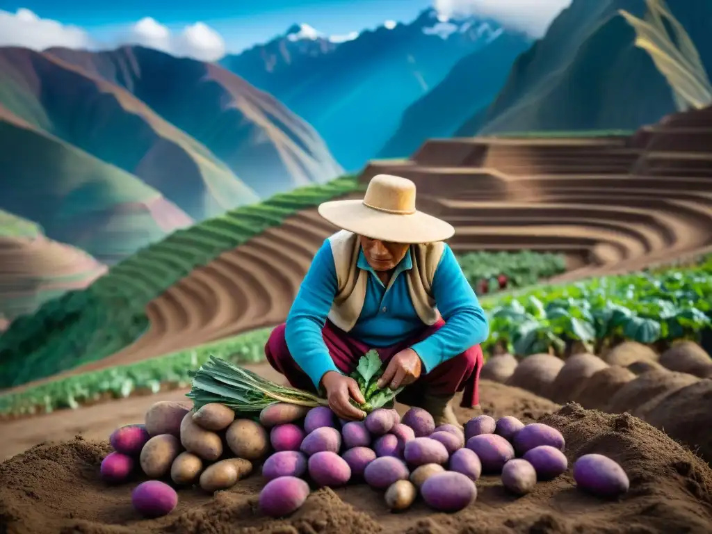 Un agricultor peruano cosechando papas moradas en los Andes