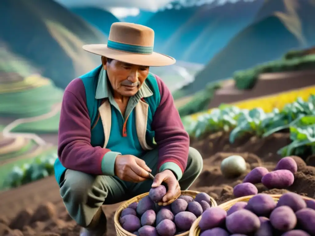 Un agricultor peruano en los Andes inspecciona papas moradas rodeado de terrazas