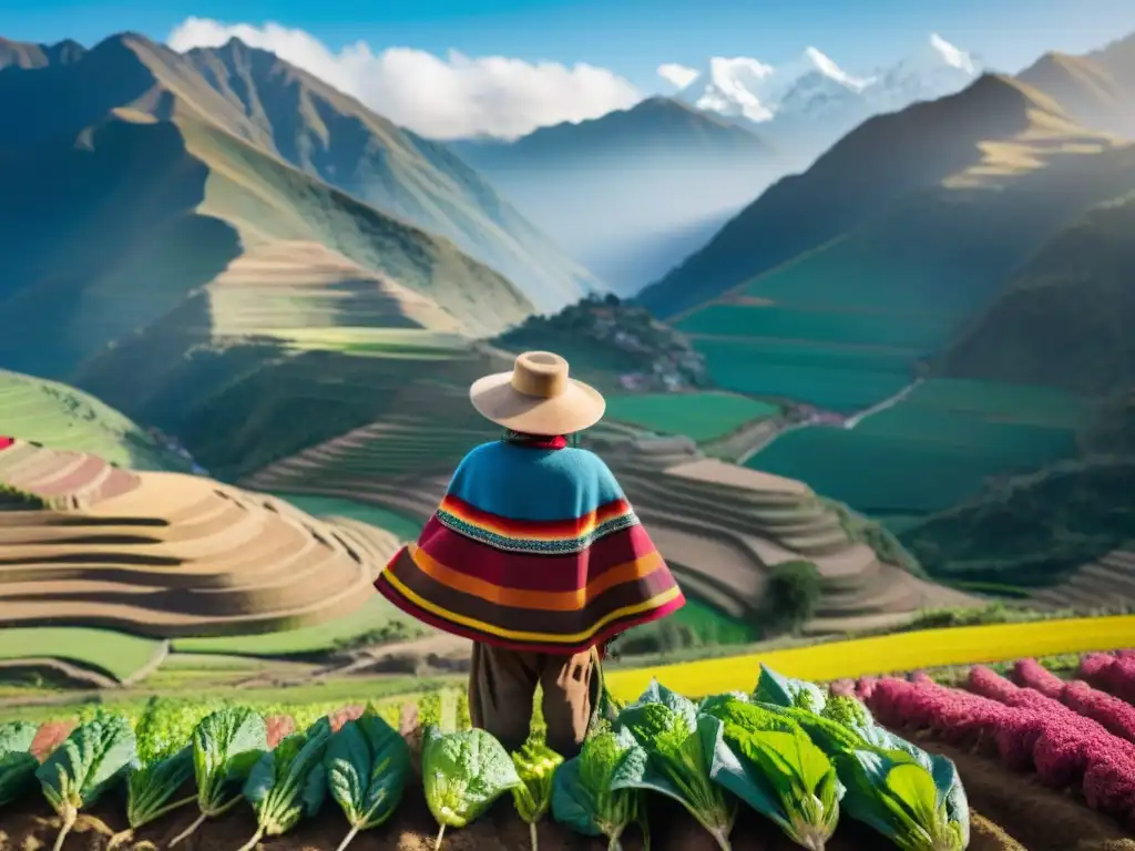 Un agricultor peruano en los Andes, cultivando quinua, papas y maíz con técnicas ancestrales