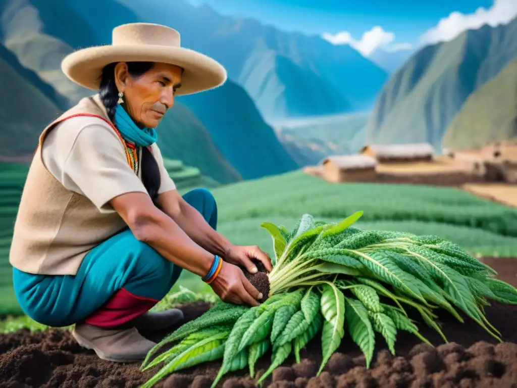 Un agricultor peruano planta quinua en los Andes, mostrando la conexión entre la tierra y la cultura