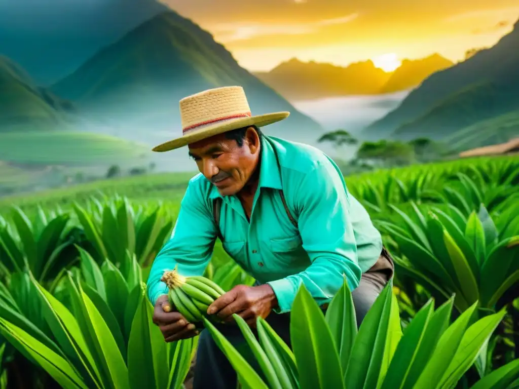 Un agricultor peruano selecciona plátanos verdes en una plantación, con los Andes de fondo