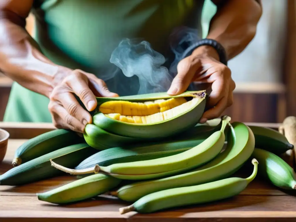 Un agricultor peruano pela plátanos verdes en una cocina rústica, creando harina de plátano verde peruano