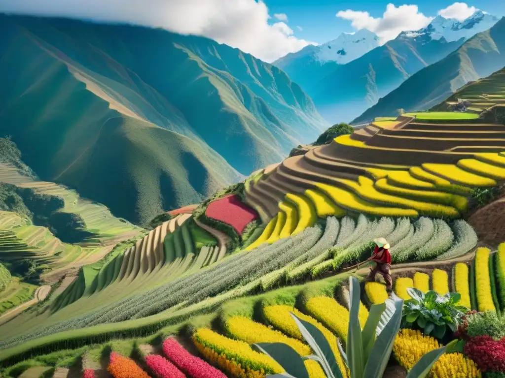 Un agricultor peruano en los Andes, cultivando quinoa con prácticas agrícolas sostenibles