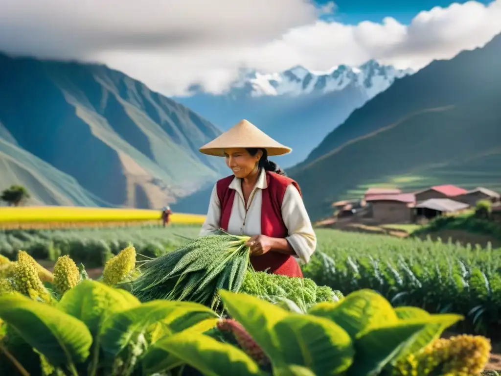 Un agricultor peruano cosechando quinua en los Andes, con campos vibrantes y picos nevados al fondo