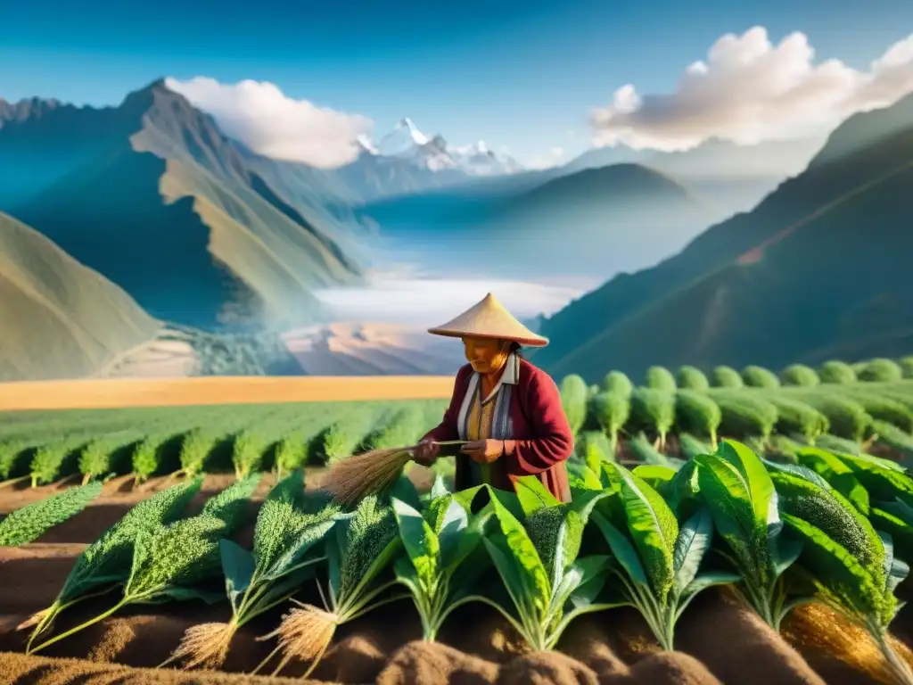 Un agricultor peruano cosechando quinua con cuidado en los Andes