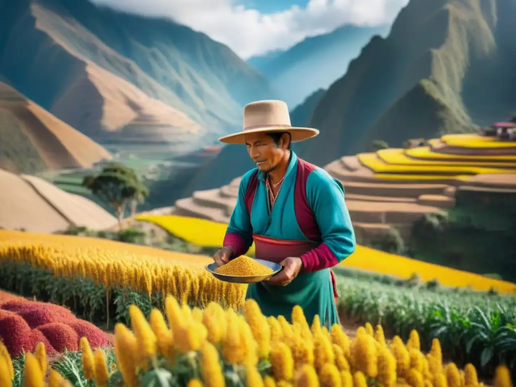 Un agricultor peruano cosechando quinua dorada bajo el sol andino, conectando la tierra y la cultura en la gastronomía peruana